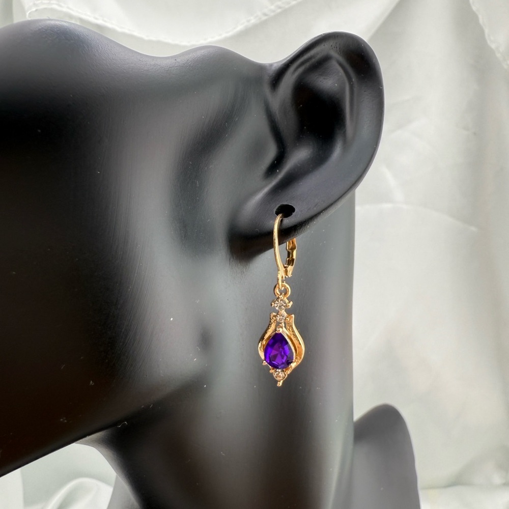 Gold and Purple Teardrop Earrings with Sparkling Accents - Picture 6 of 8